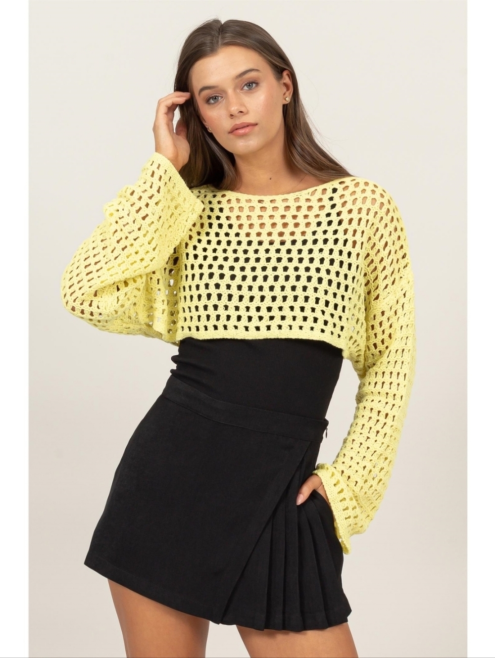 Yellow Open Knit Crochet Crop Top Long Sleeve Y2k Sweater Shrug